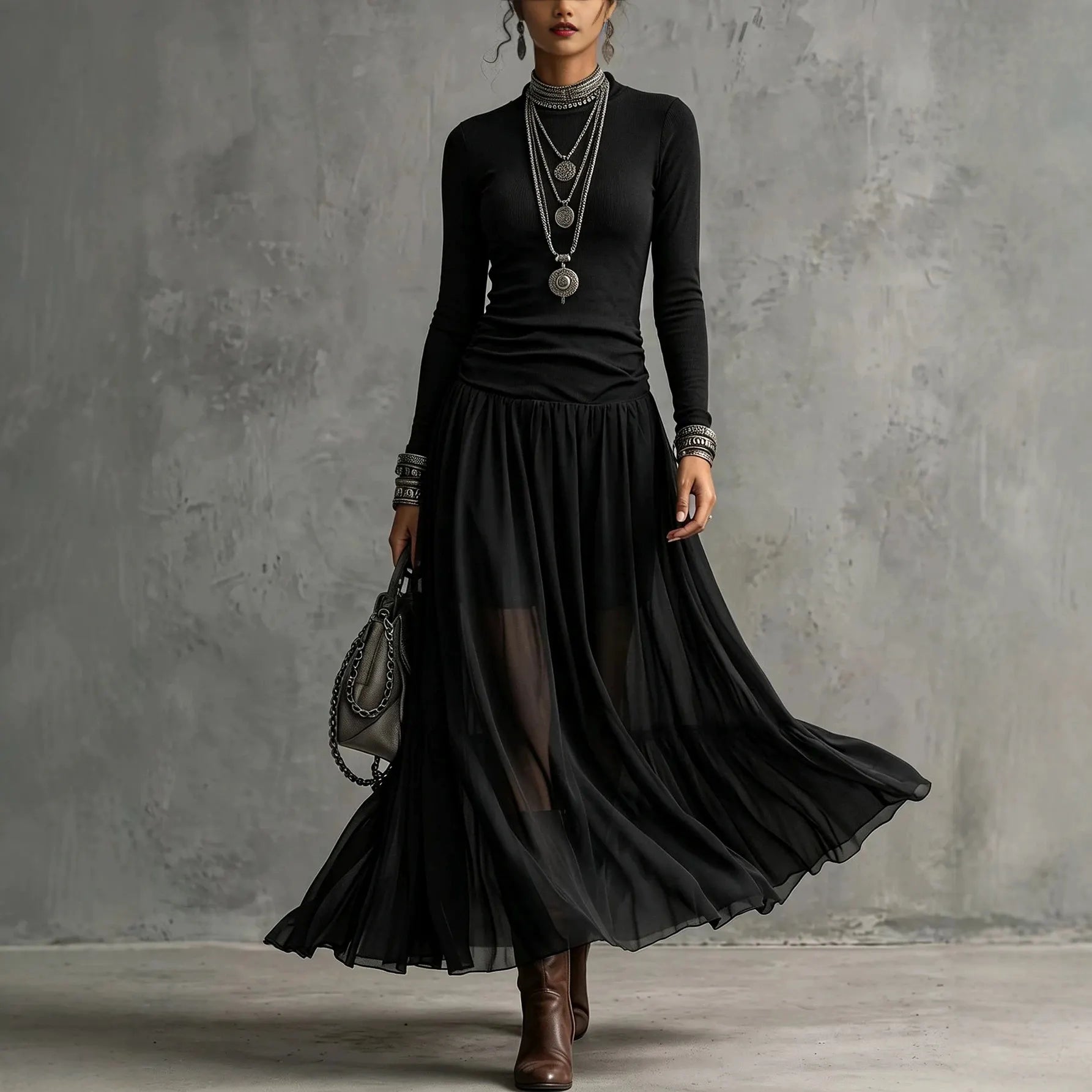 Crew Neck Pleated Maxi Dress