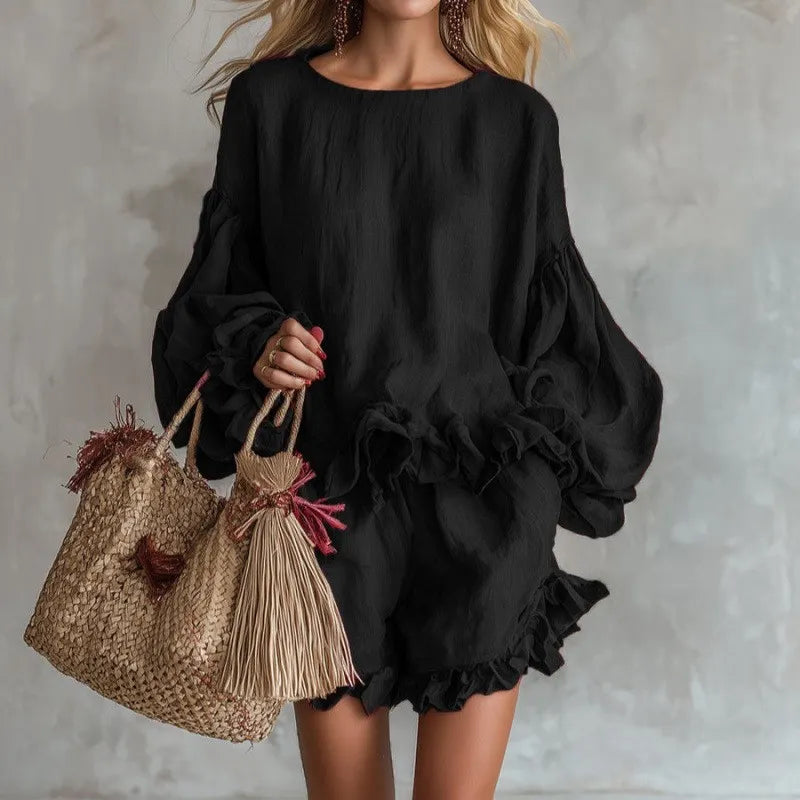 Solid Color Ruffle Trim Lantern Sleeve Top & Shorts Set