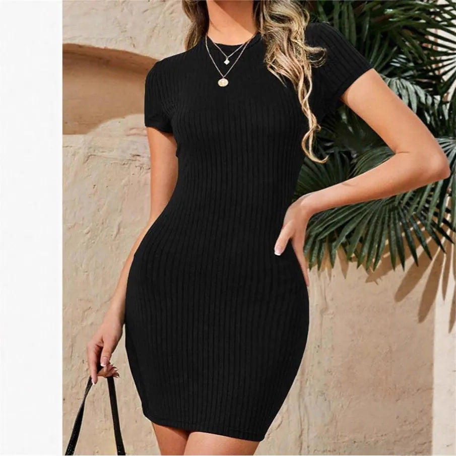 Solid Color Ribbed Knit Short Sleeve Bodycon Mini Dress