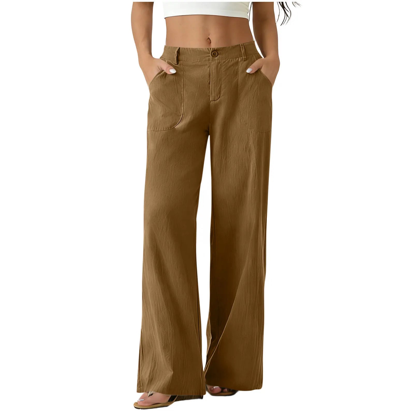 Casual Mid Waist Wide Leg Cotton Linen Pants