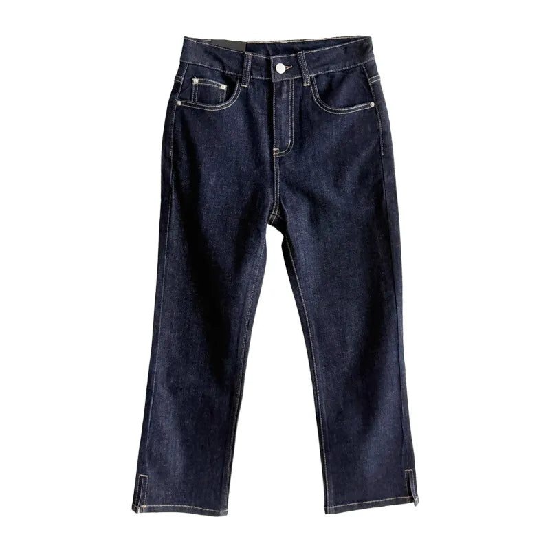 Mid Waist Slim Stretch Retro Split Hem Straight Nine-Point Jeans