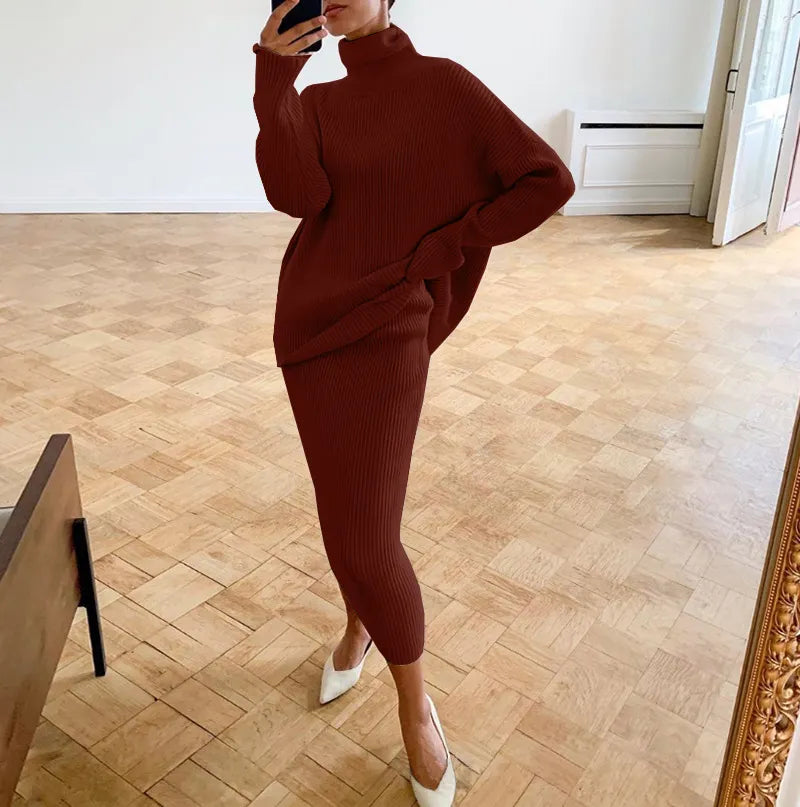Brown Ribbed Knit Turtleneck & Midi Skirt Set