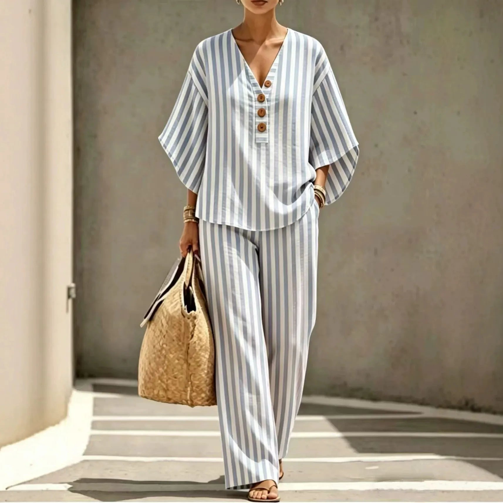 Vertical Stripe Half Button V Neck Top & Wide Leg Pants Two Piece Casual Set