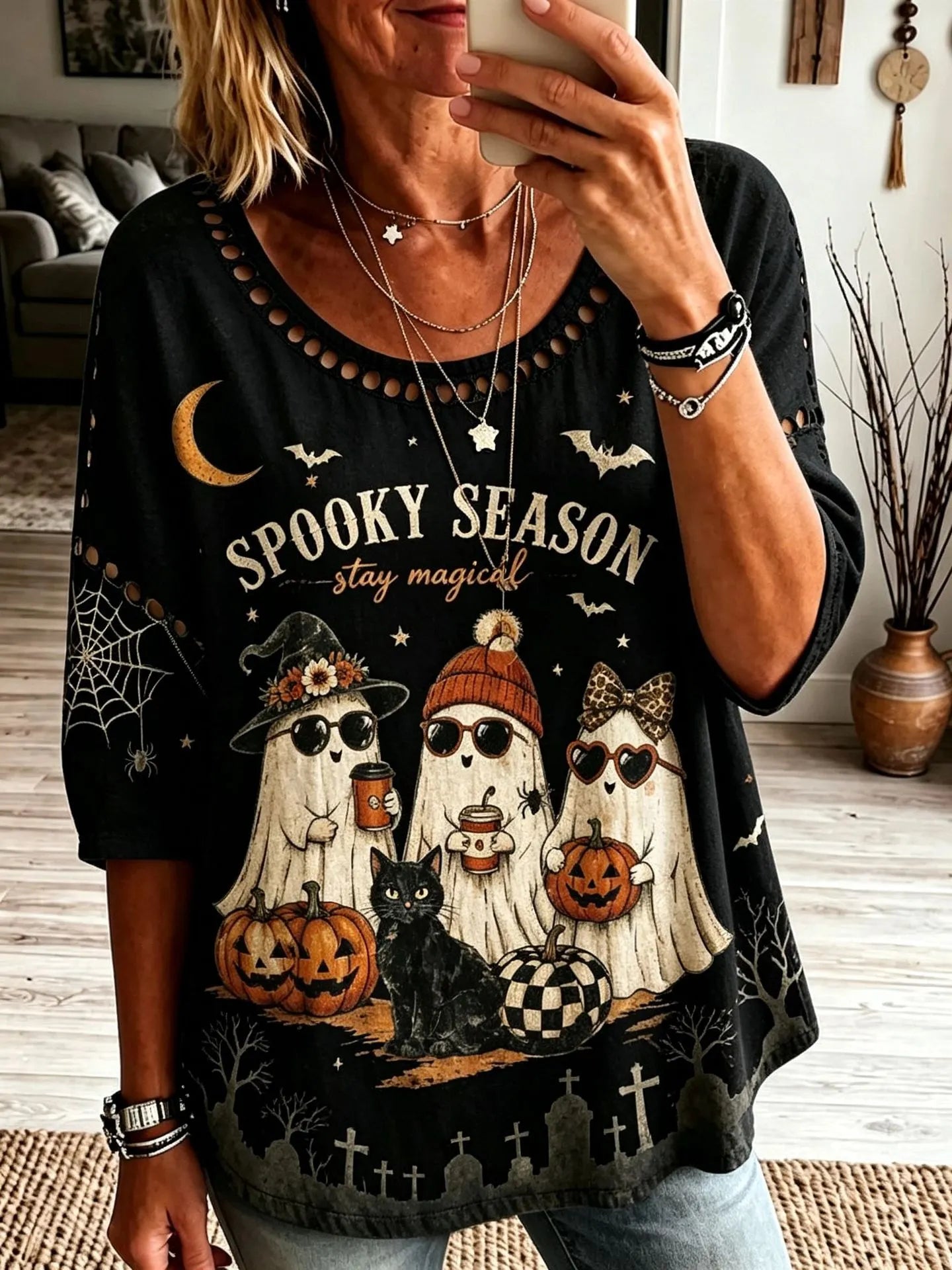 Halloween Spooky Season Ghost Pumpkin Print Crew Neck Short Sleeve T‑Shirt