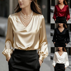 Solid V-Neck Long Puff Sleeve Elegant Blouse
