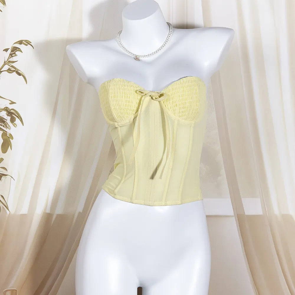 Strapless Smocked Front Bow Mesh Corset Tube Top