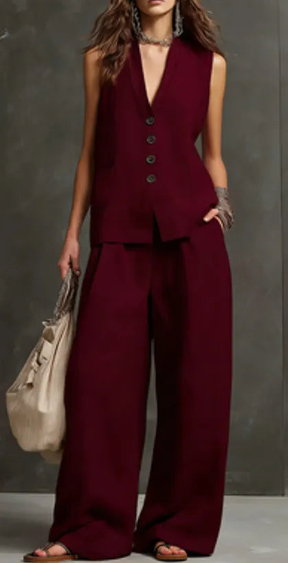 Linen-Blend Waistcoat & Wide-Leg Pants Set