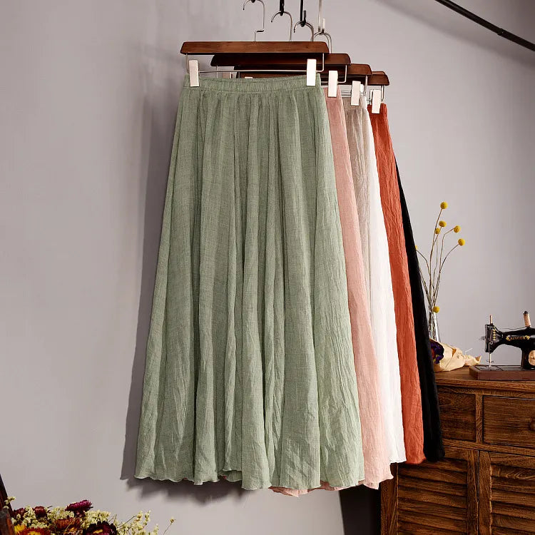Linen Blend Maxi Skirt High Waist Pleated Flowy Skirt