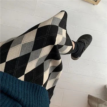 Argyle Knit A-Line Mid-Calf Skirt