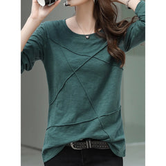Solid Round Neck Spliced Grinding Pure Cotton Long Sleeve Slim Fit T-Shirt