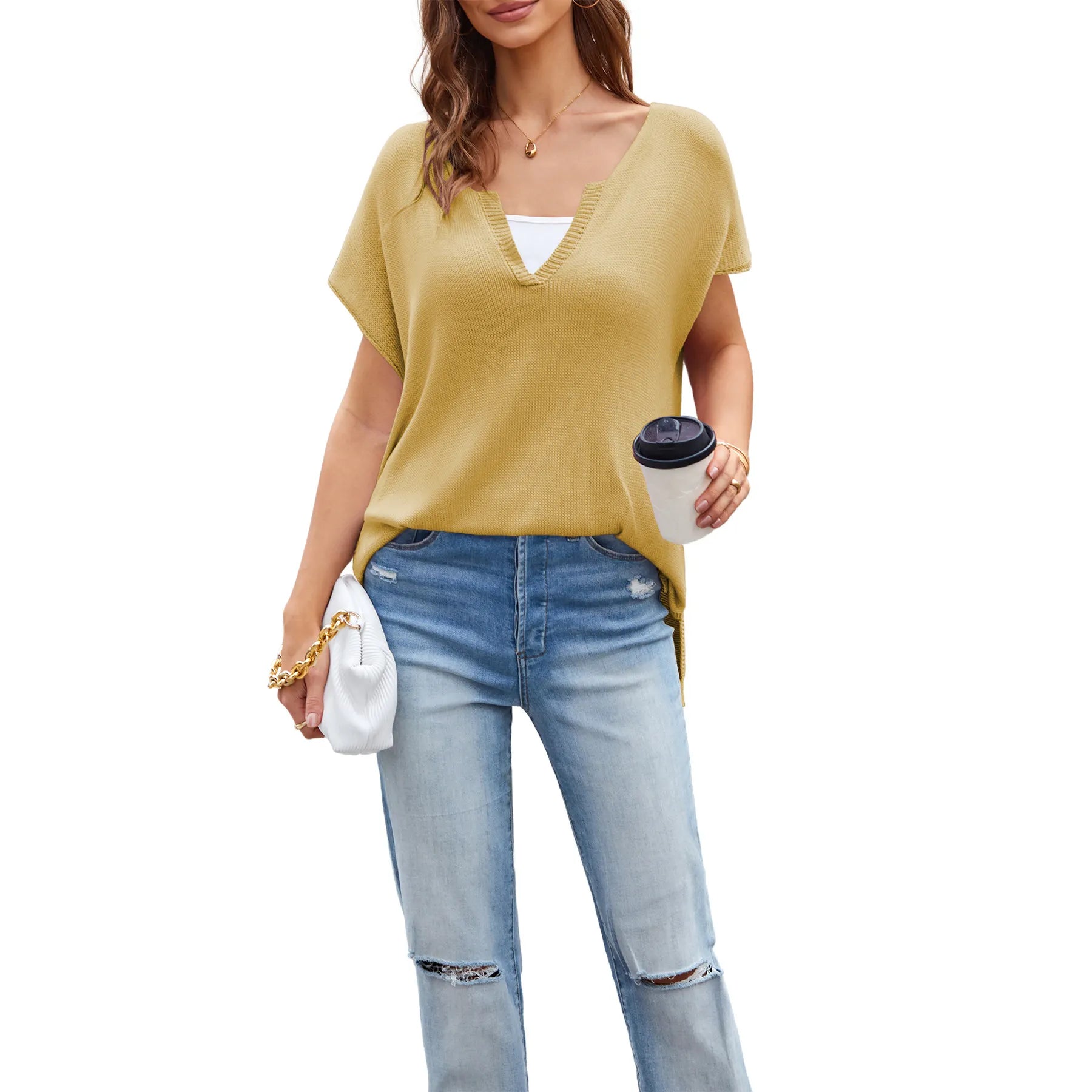 Notched V Neck Cap Short Sleeve Loose Knit Pullover Sweater Top