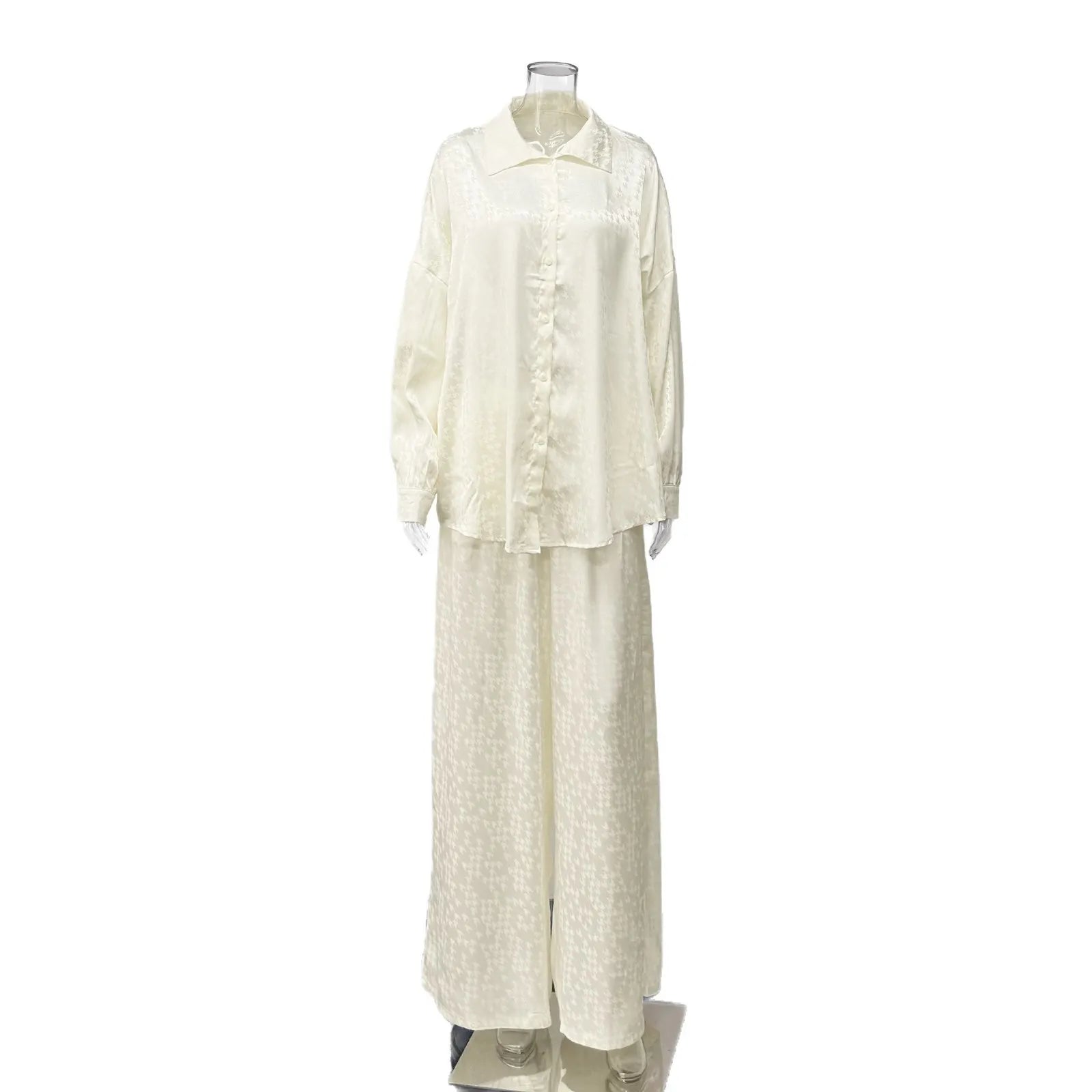 Jacquard Satin 3 Piece Set Oversized Shirt Tube Top Elastic Waist Wide Leg Pants
