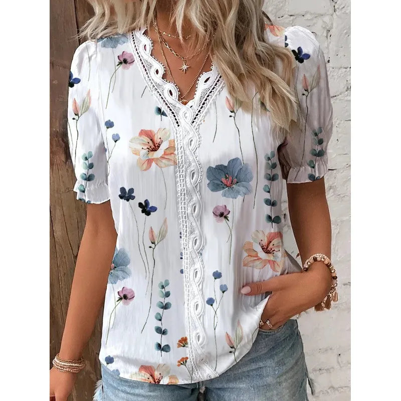 Floral Print Lace V-Neck Short Sleeve Casual Blouse