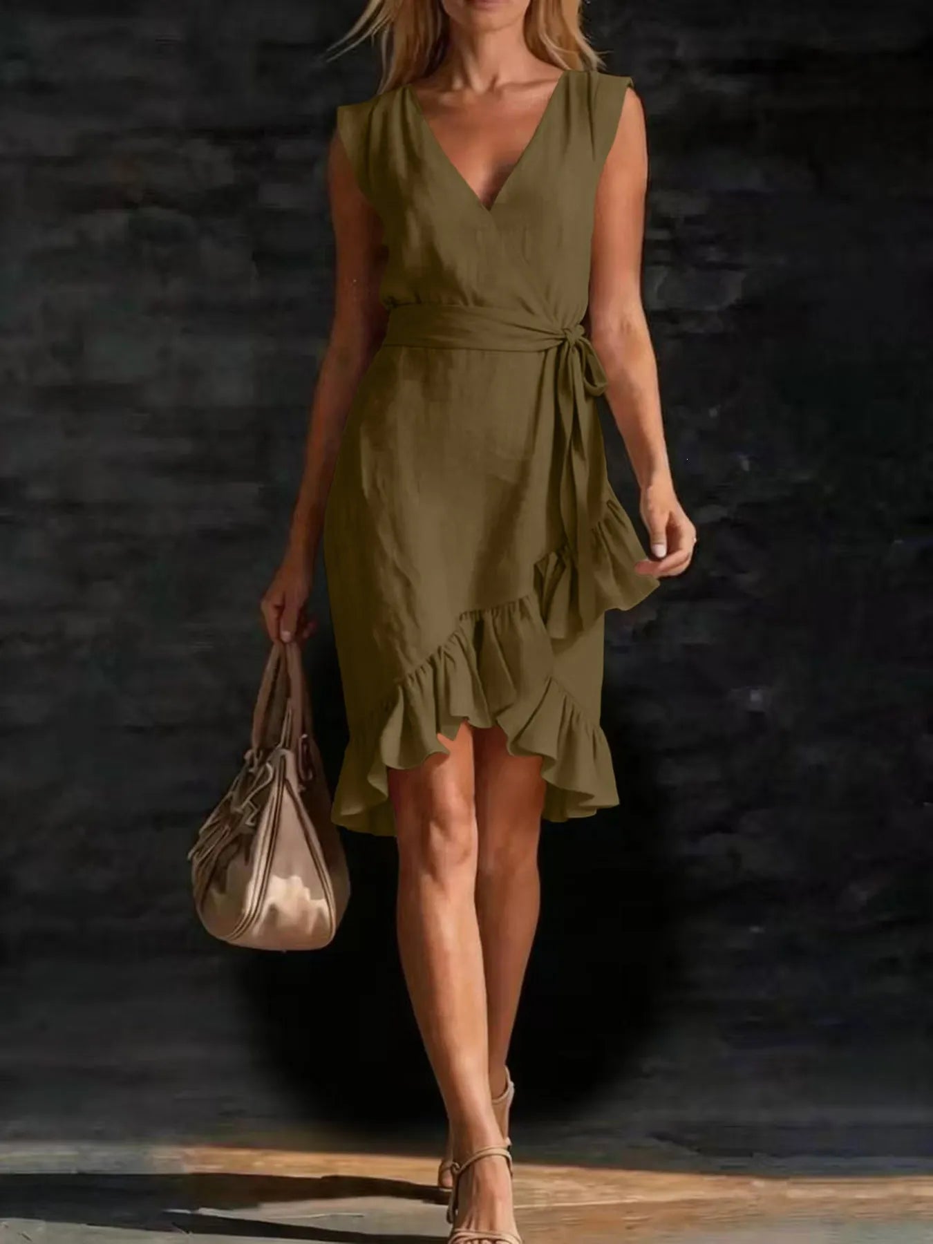 Deep V Neck Sleeveless Wrap Tie Waist Irregular Ruffle Hem Midi Dress