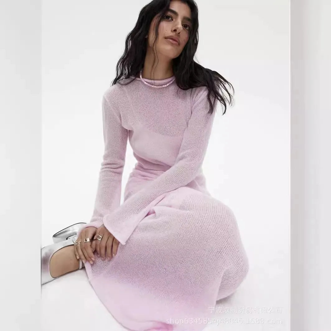 Light Pink Semi Sheer Knit Dress, Ladies Crew Neck Flared Sleeve Elegant Long Knit Midi Dress
