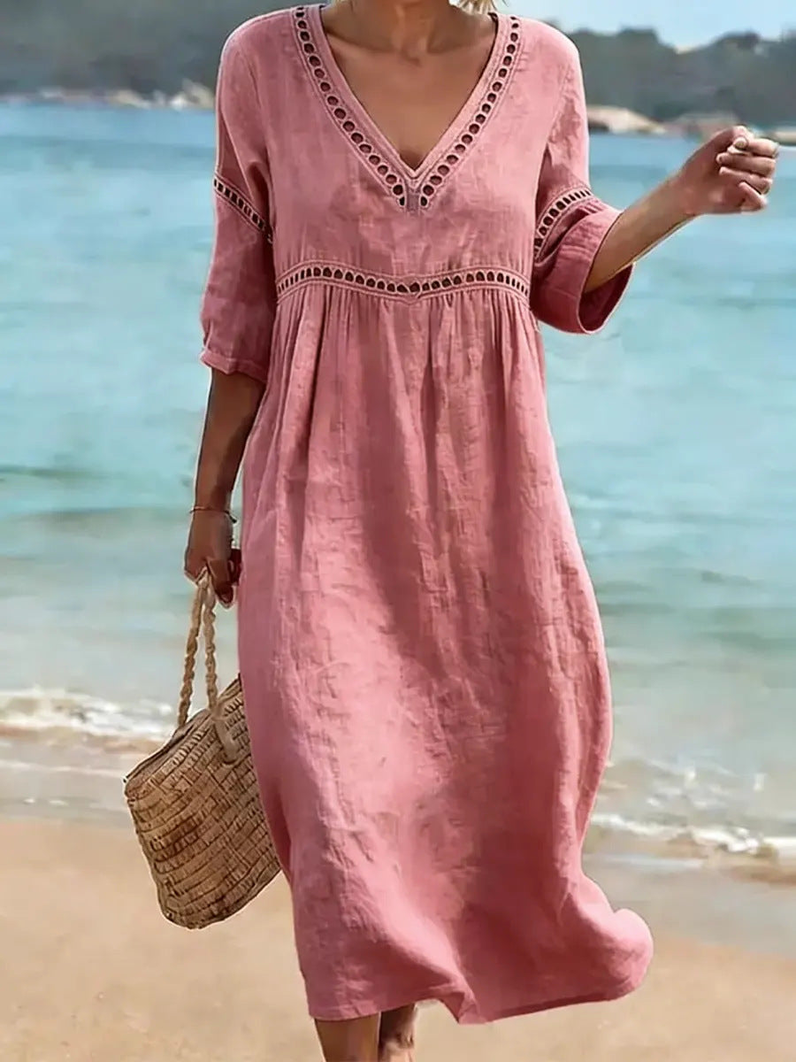 Deep V Neck Embroidery Trim Loose Cotton Linen Pull Pleat Maxi Dress