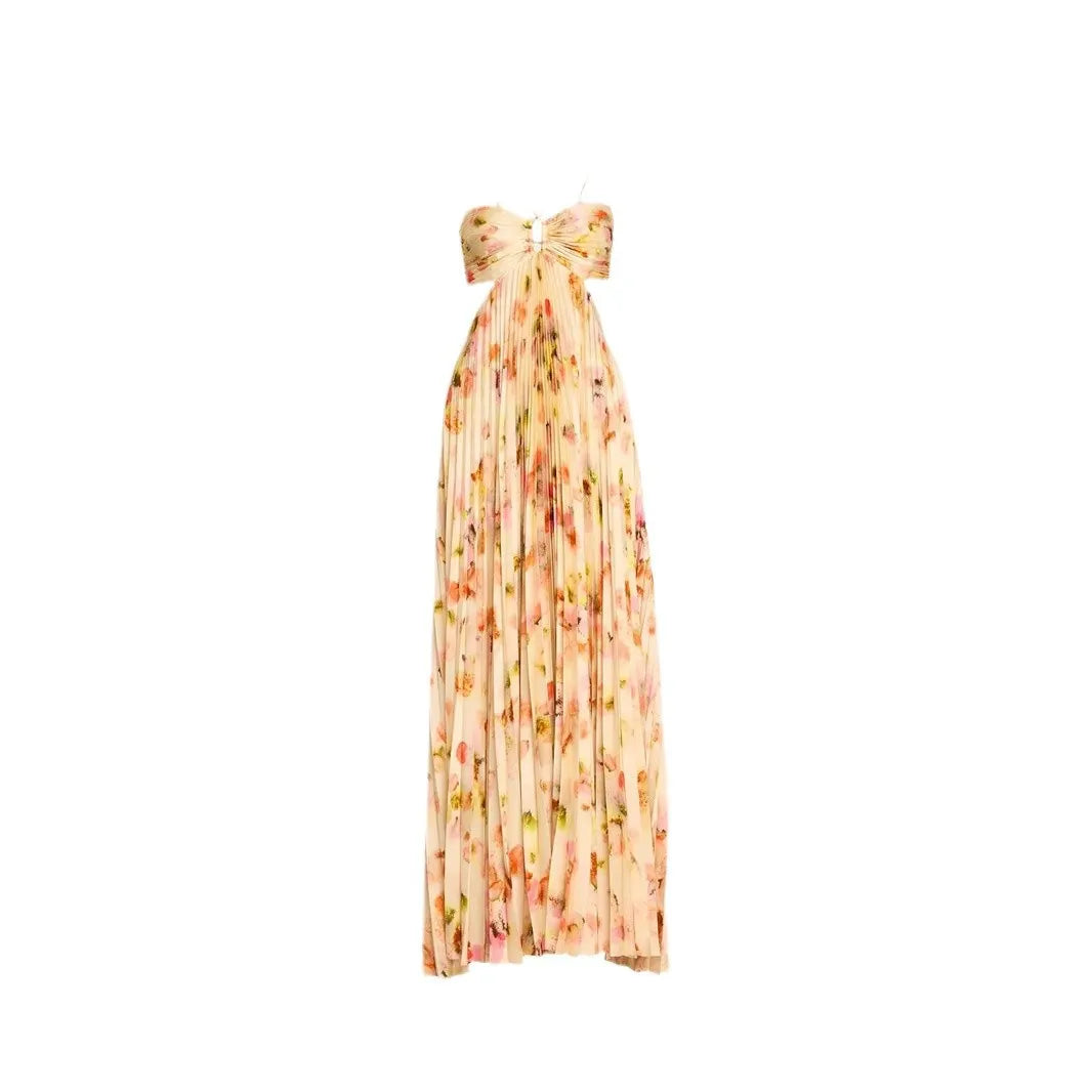 Floral Halter Cutout Pleated Maxi Dress