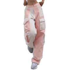 Mid‑Waist Contrast Color Spliced Cargo Jeans