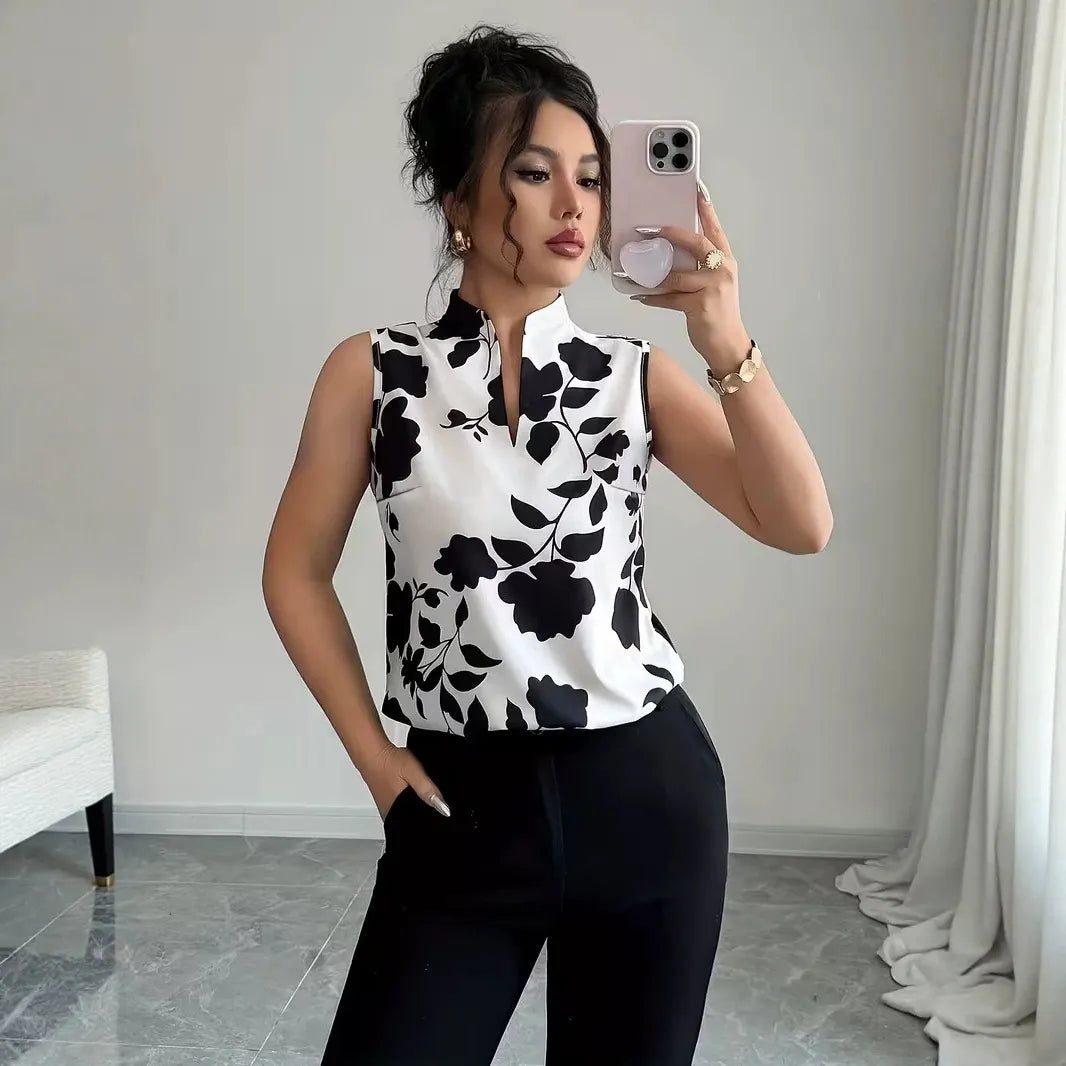 Stand Collar Sleeveless Black Floral Print Slim Pullover Commuter Blouse