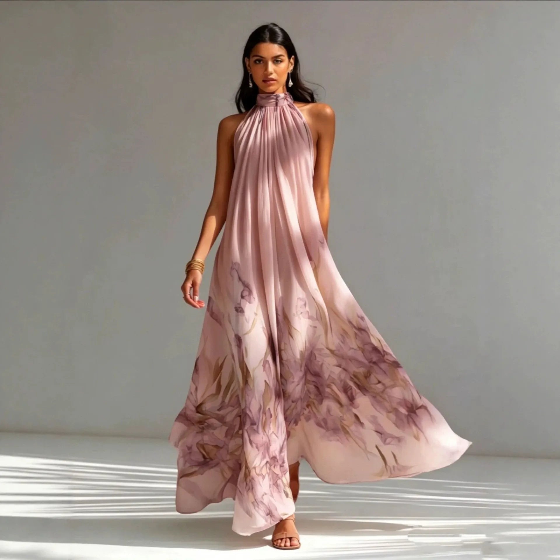 Floral Halter Maxi Dress, Sleeveless Loose Flowy Big Swing Elegant Long Dress
