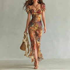 Floral Square Neck Puff Sleeve High-Slit Maxi Dress