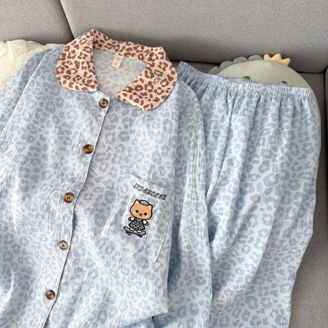 Light Blue Leopard Shirt & Pants 2 Piece Pajamas with Pocket Embroidery