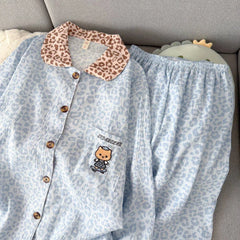 Light Blue Leopard Shirt & Pants 2 Piece Pajamas with Pocket Embroidery