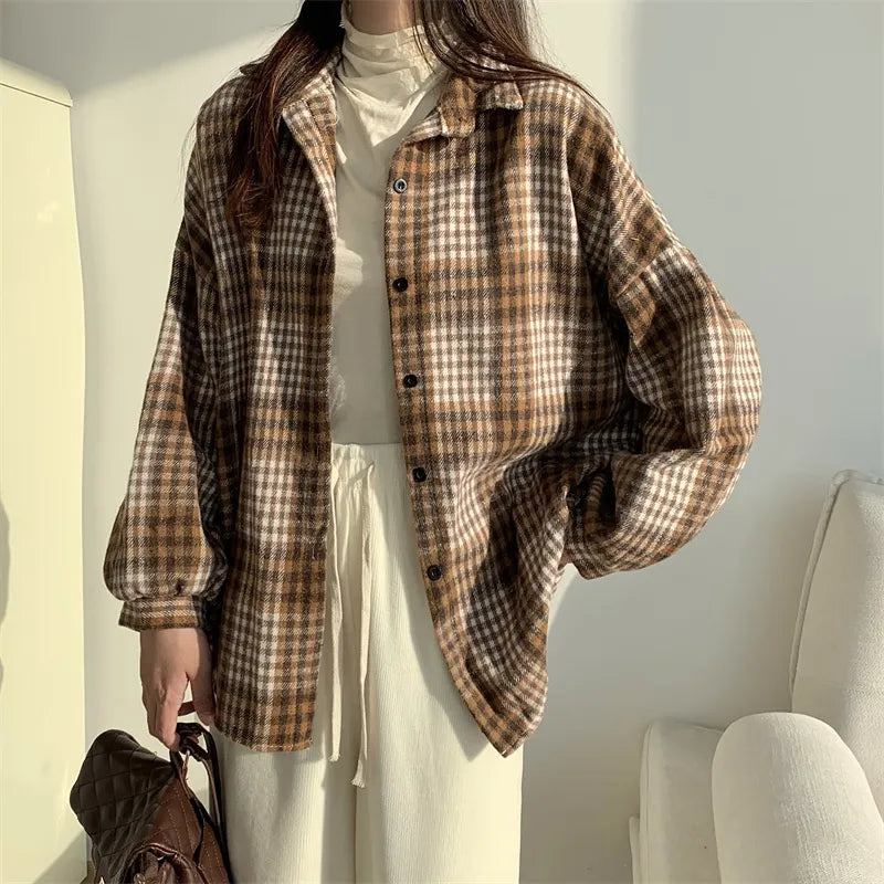 Fall Oversized Brown Black Plaid Shirt, Long Length Button Front Loose Fit Blouse