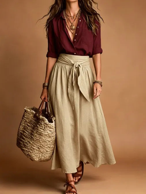 Color Matching Long Sleeve Shirt & Tie Waist Midi Skirt Two Piece Set