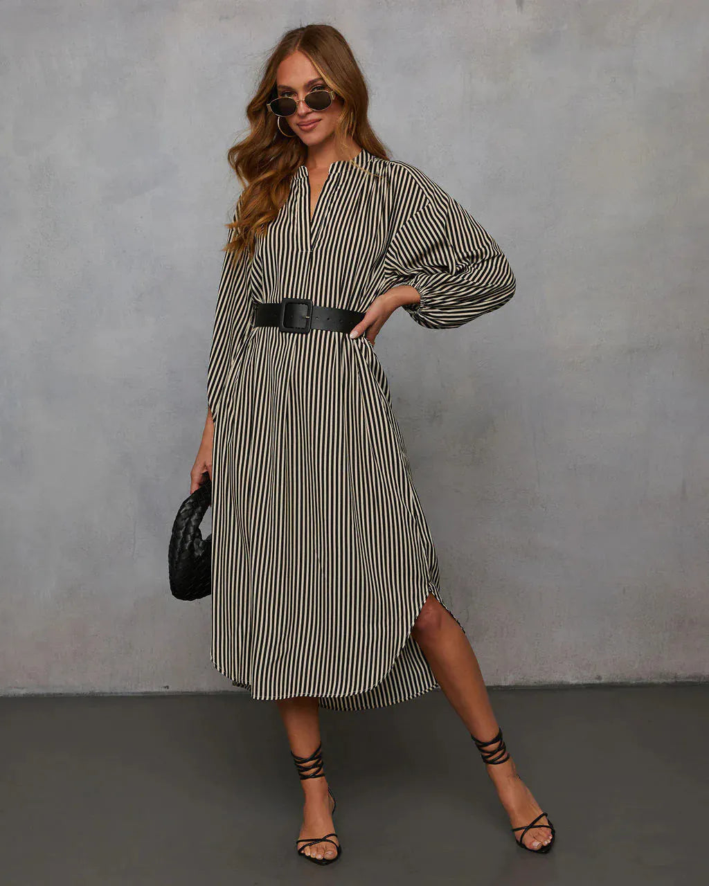 Stripe Balloon Sleeve Midi Shirt Dress With Belt