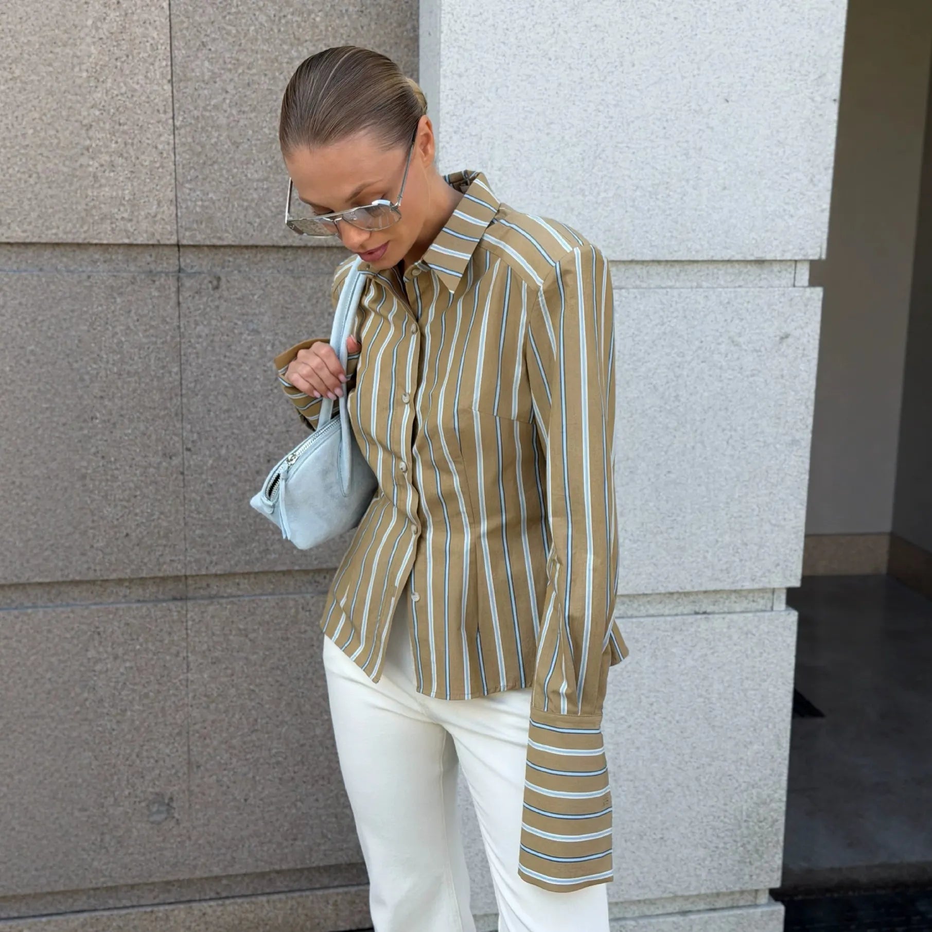 Blue Brown Vertical Stripe Button Down Shirt, Collared Long Sleeve Loose Blouse