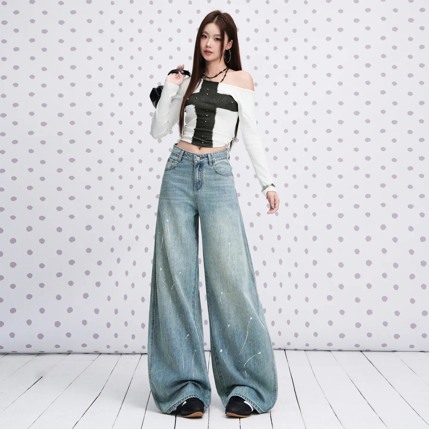 Ultra Low Waist Printed Wide Flare Denim Jeans