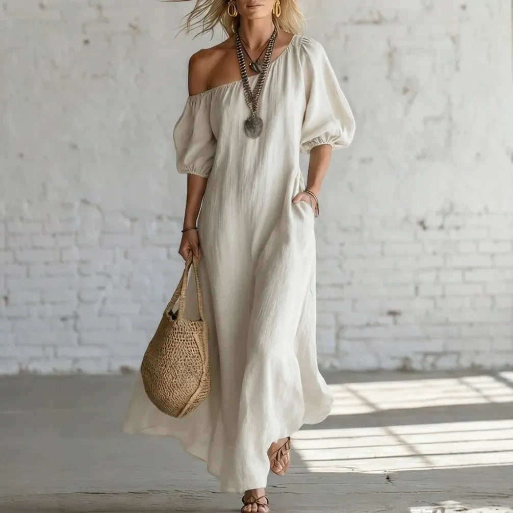 Solid Color Off Shoulder Puff Sleeve Pleated Midi Puffy Shirt Dress