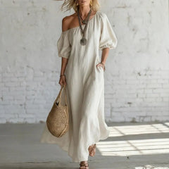 Solid Color Off Shoulder Puff Sleeve Pleated Midi Puffy Shirt Dress
