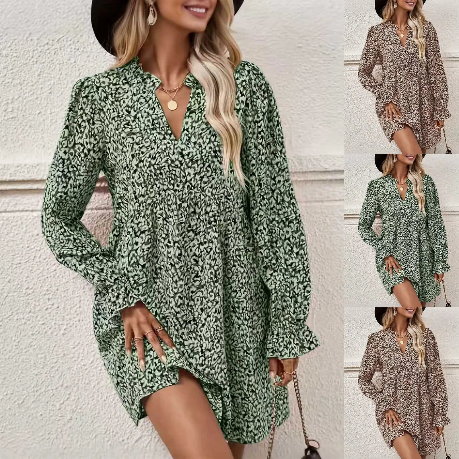 Abstract Print V Neck Long Sleeve Pleated A-Line Mini Dress