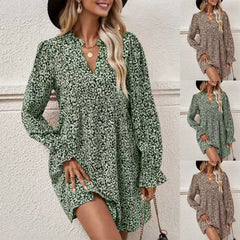 Abstract Print V Neck Long Sleeve Pleated A-Line Mini Dress