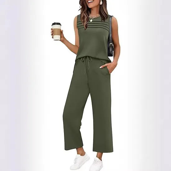 Solid Sleeveless Striped Detail Tank Top & Drawstring Cropped Pants