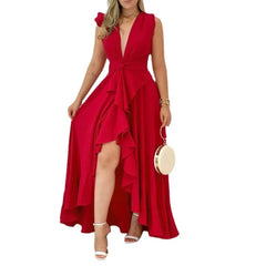 Deep V Neck Ruffle Floral High Low Maxi Dress
