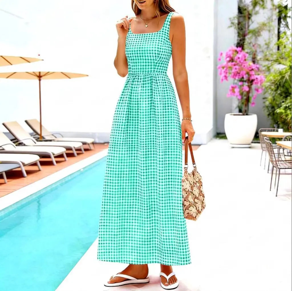 Square Neck Sleeveless Gingham Print Loose A-Line Maxi Dress