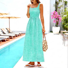 Square Neck Sleeveless Gingham Print Loose A-Line Maxi Dress