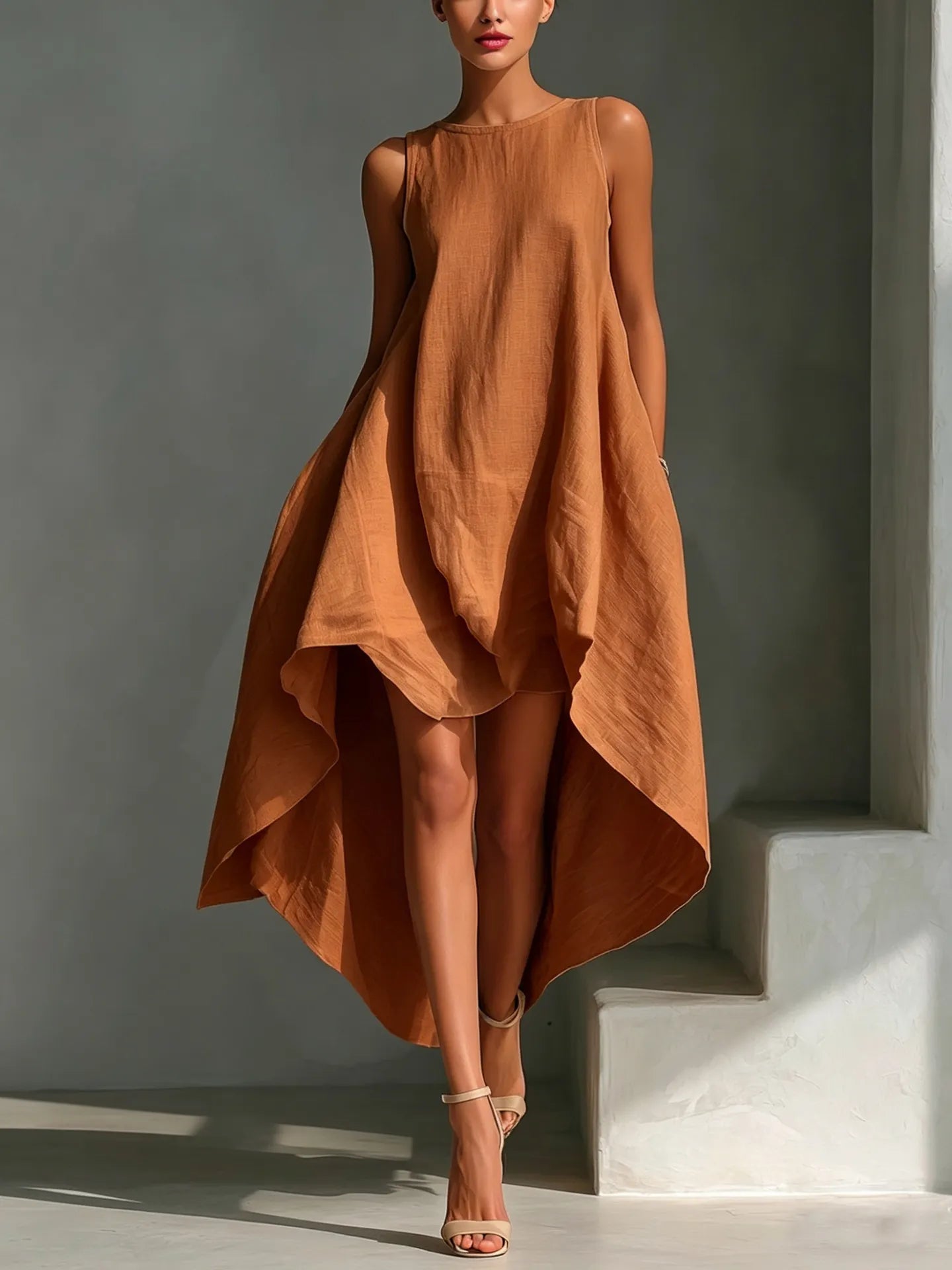 Round Neck Sleeveless High Low Linen Midi Dress
