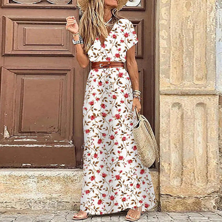 Wrap V Neck Short Sleeve Floral Print Maxi Dress