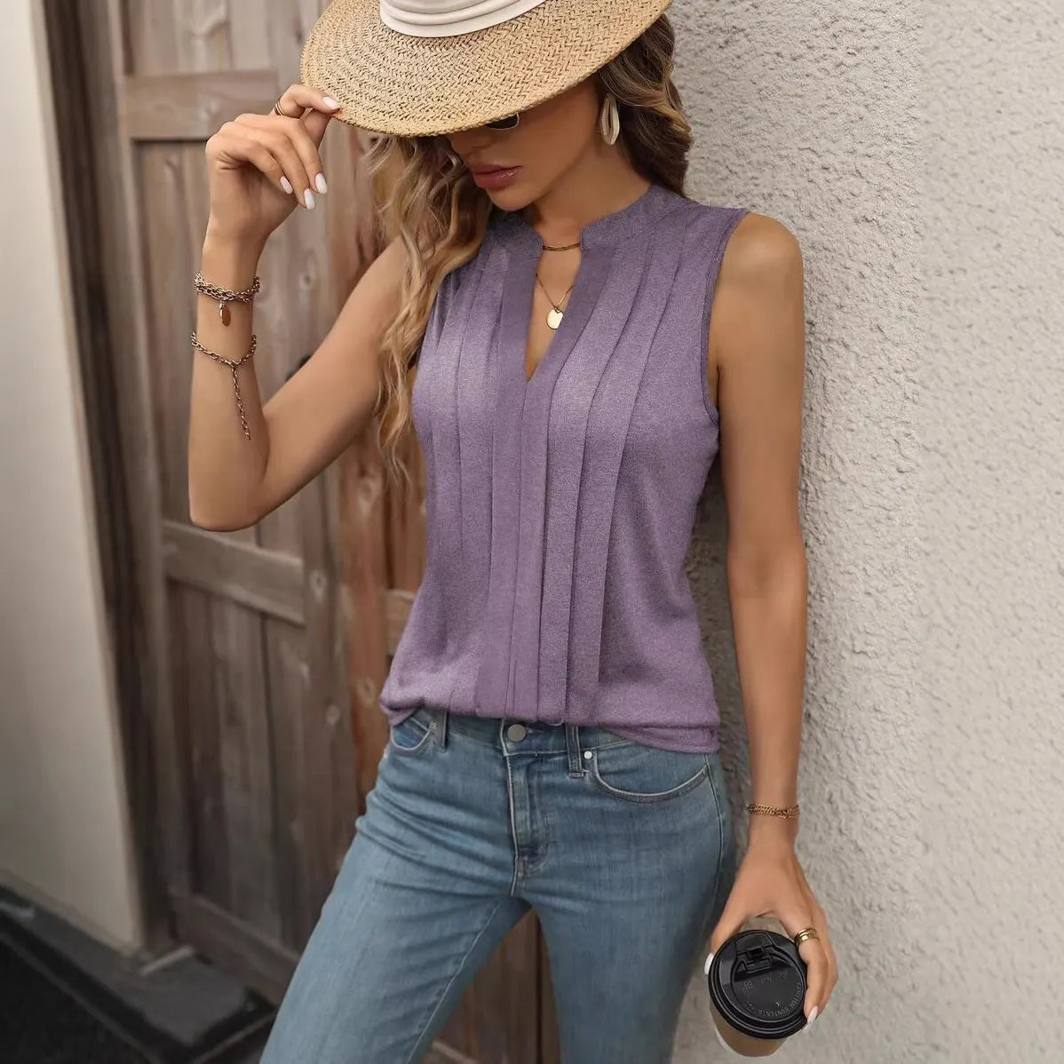 Sleeveless V-Neck Ribbed Knit Tank Top, Casual Solid Color Pullover Blouse