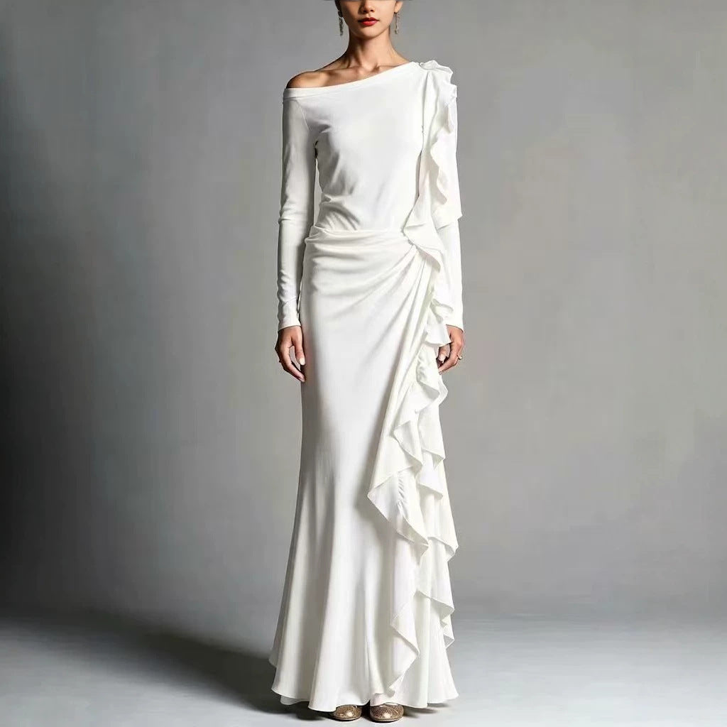 White Off Shoulder Long Sleeve Mermaid Maxi Dress With Cascading Ruffles