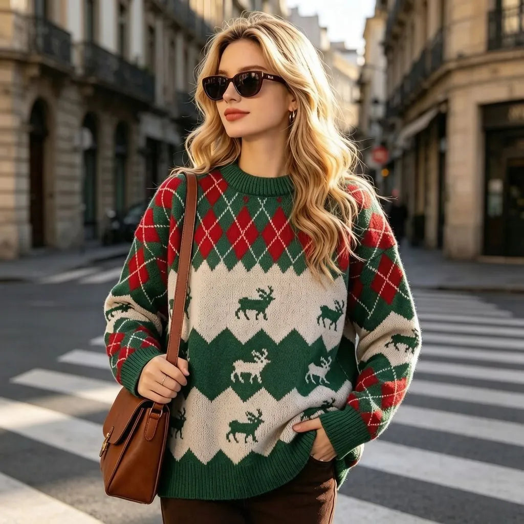 Christmas Reindeer Argyle Knit Sweater, Vintage Fair Isle Crew Neck Oversized Pullover Jumper