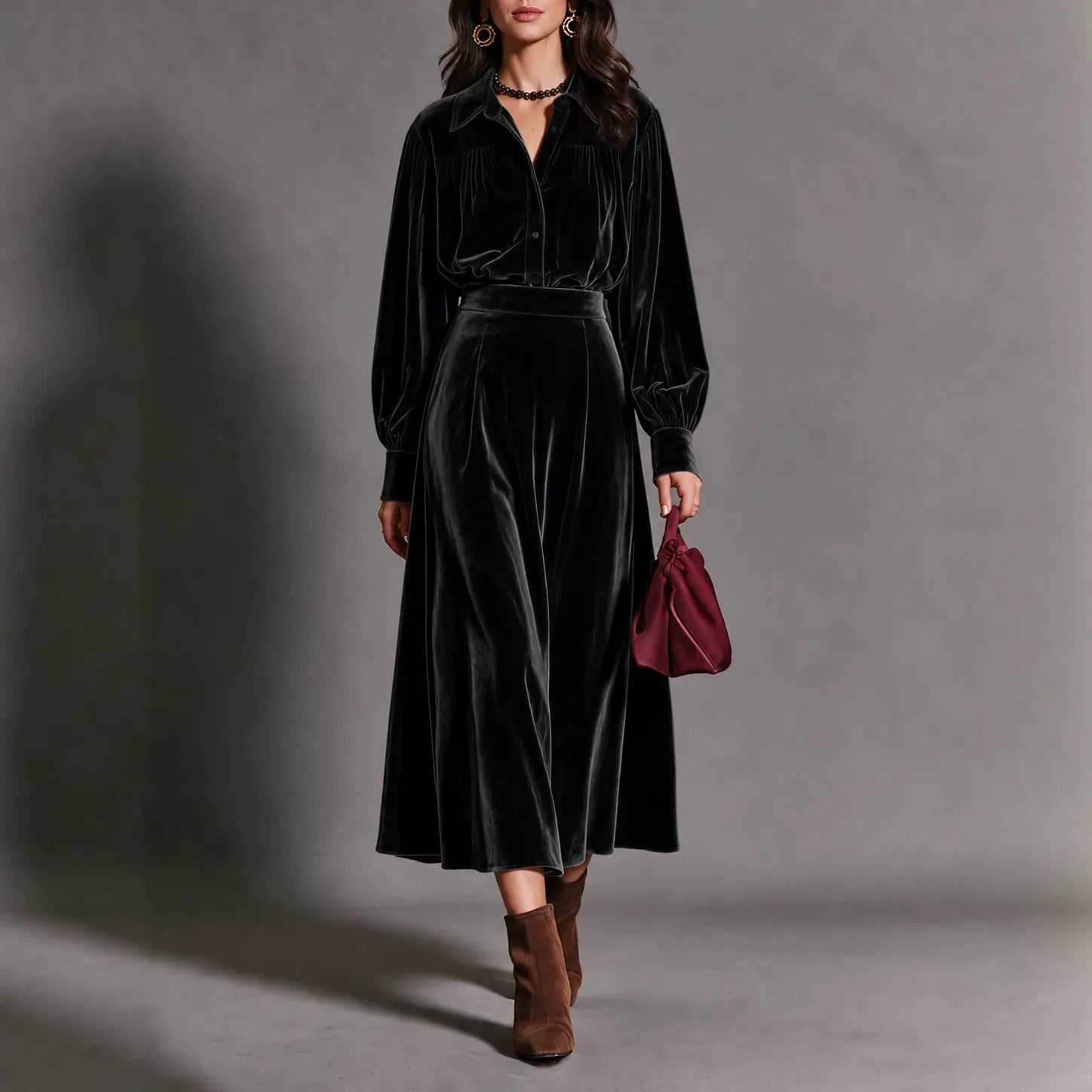 Purple Velvet Matching Set, Puff Sleeve Shirt and Flowy Midi Skirt
