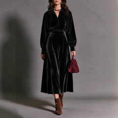 Purple Velvet Matching Set, Puff Sleeve Shirt and Flowy Midi Skirt