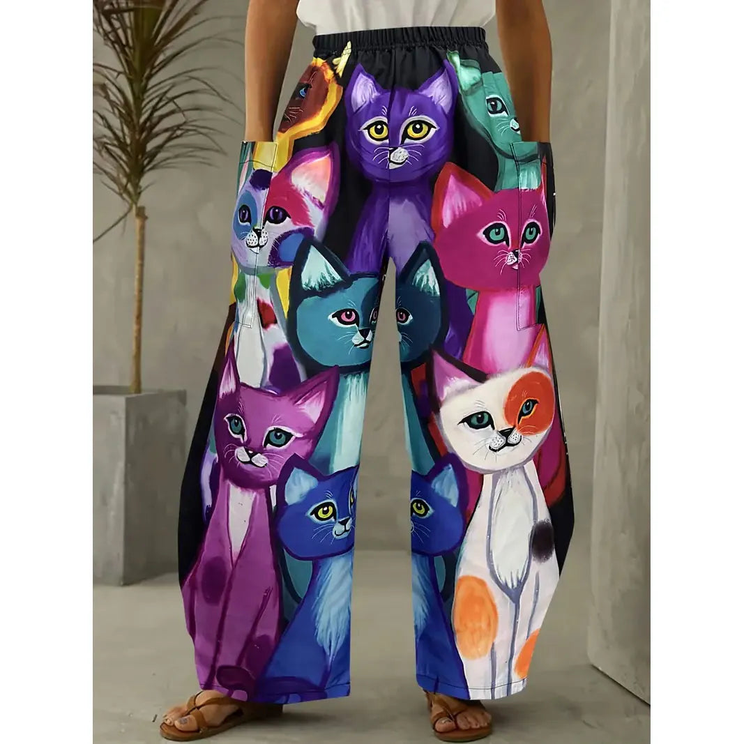 Printed Flare Work Pants | Mid Waist Doodle Heart Print Loose Wide Leg Casual Trousers