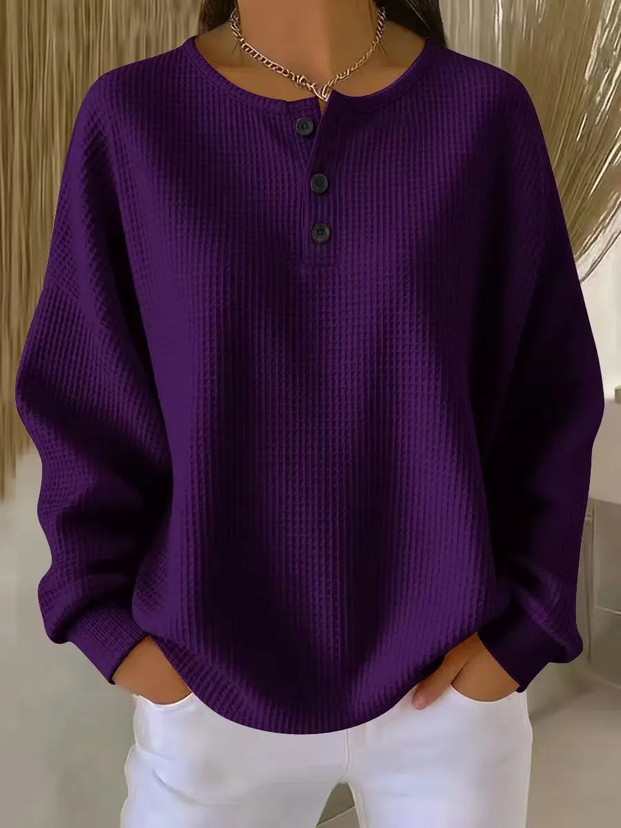 Casual Oversized Waffle Knit Top, Henley Button Neck Long Sleeve Tee
