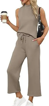 Sleeveless Mock Neck Top & Wide Leg Pants Casual Two-Piece Set